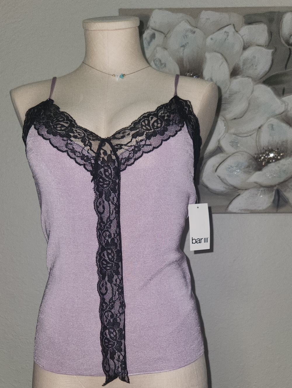 Bar III Lilac Cami with Black Lace Trim